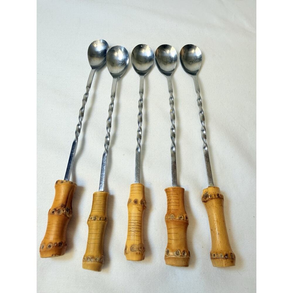 Natural Bamboo Cocktail/ Desert Spoons Set Of 5